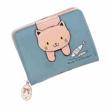 Imagem de Carteira feminina bonita de gatinho, com zíper, dobrável, curta, para moedas, dinheiro, organizador de cartões com janela fotográfica para mulheres ROSA PRETA VERDE AZUL E NUDE 12x10x3cm (Azul)