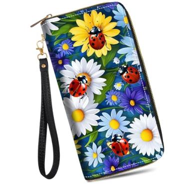 Imagem de JDHJFBFJNP Carteira feminina de grande capacidade de couro PU com zíper bolsa clutch para dinheiro/cartão/moeda/smartphone, Margarida, joaninha, One Zipper Wallet