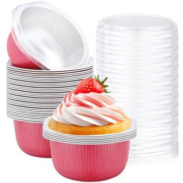 Imagem de Beasea Copos de cozimento com tampas, pacote com 50, 445 ml, 445 ml, alumínio, redondo, descartável, folha pequena, ramequins para forno, muffin, formas de cupcake para festas, negócios, porção