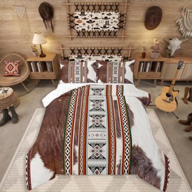 Imagem de Erosebridal Conjunto de edredom asteca ocidental, tamanho casal, estampa de vaca, vintage, animal, retrô, macio, para adolescentes e adultos, edredom geométrico exótico, colcha rústica estilo casa de