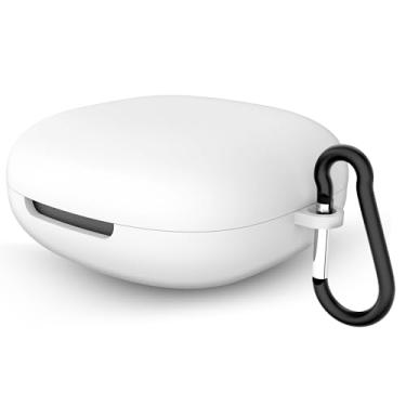 Imagem de Geekria Capa de silicone compatível com os fones de ouvido sem fio SHOKZ OpenFit 2 verdadeiros, capa protetora para fones de ouvido com gancho para chaveiro, porta de carregamento acessível (branca)
