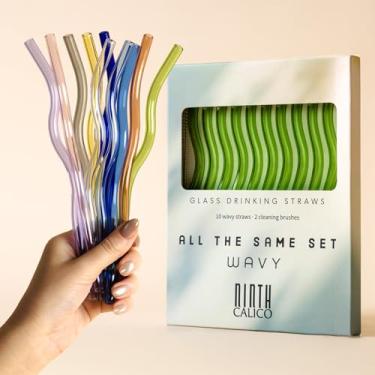Imagem de Pacote com 10 canudos de vidro ondulados reutilizáveis – Coloridos, duráveis, resistentes a quebras – Inclui 10 canudos ondulados e 2 escovas de limpeza – para smoothies, café gelado (verde claro)