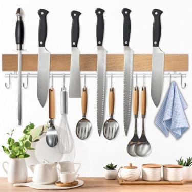 Imagem de Dmore Suporte de faca magnético para parede — com 10 ganchos, tira magnética de faca de madeira sem perfuração de 43 cm, suporte magnético extra forte, inclui fita adesiva e parafusos para facas e