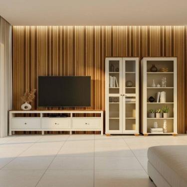 Imagem de Conjunto de Sala 3 Peças Rack, Estante e Cristaleira Madeira Maciça Ananda Cabecasa Madeiramadeira Off White/Mel