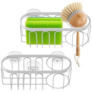 Imagem de Organizador de 2 peças para pia de cozinha, suporte de esponja para pia de cozinha, suporte de escova de sucção sem orifícios, bandeja de armazenamento de sabão de aço inoxidável para acessórios de