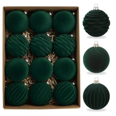 Imagem de Rzoukler 12 peças de enfeites de árvore de Natal de veludo 7,5 cm verdes grandes bolas de Natal enfeites de pendurar para guirlanda de guirlanda de mesa de centro de mesa arranjos (verde)
