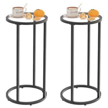 Imagem de Mesa lateral redonda, mesa de vidro em forma de C, mesa de canto de sofá, mesa de lanche de vidro temperado com moldura de metal, mesa de cabeceira de sofá e bandeja de TV para espaços pequenos (preto