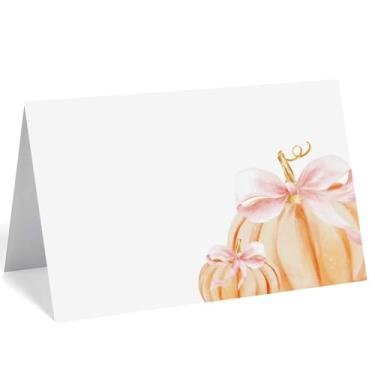 Imagem de 24 peças de cartões de abóbora pequena, laço rosa com tema de outono etiquetas de comida e cartões de nome de barraca para chá de bebê e decoração de mesa de festa de aniversário suprimentos (laço