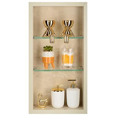 Imagem de Nicho Vertical em Porcelanato Polido (Bege) - 2 Prateleiras de Vidro, Borda em Alumínio, 60x30x11 cm, Para Banheiro, Organizador de Produtos de Higiene