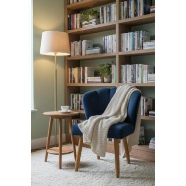 Imagem de Cadeira Pétala Flor Azul Marinho Veludo, Design Moderno, Pés em Madeira, Formato Concha, Sem Braços, Versátil para Sala de Estar, Quarto, Penteadeira e Closet