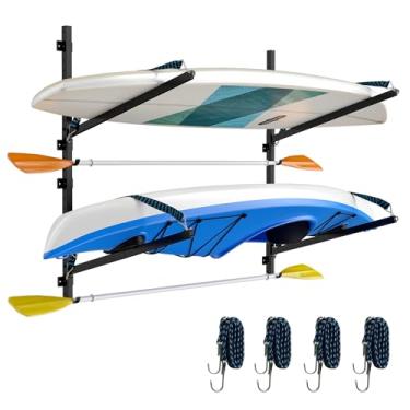 Imagem de Asxevn Rack de armazenamento de caiaque para montagem na parede de garagem - Suporte pesado em L com elástico antiderrapante e kit de instalação completo, suporta 68 kg (serve para canoa/prancha de