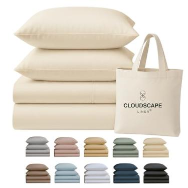 Imagem de Conjunto de lençóis Cloud Scape Linen 100% algodão egípcio 4 peças California King, 400 fios, qualidade hoteleira, sedoso, macio, respirável, durável, bolsos profundos até 17, marfim