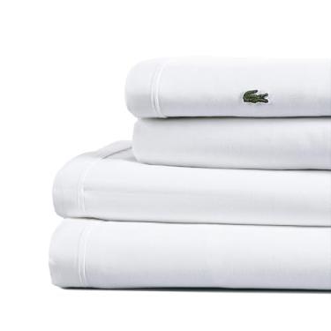 Imagem de Lacoste Conjunto de lençóis 100% algodão percal sólido, branco, solteiro