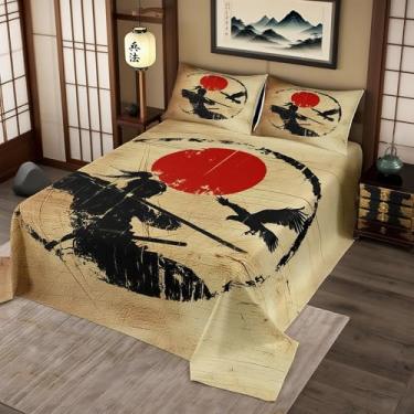 Imagem de Manfei Conjunto de colcha infantil samurai japonês, solteiro, águia do sol guerreiro, decoração de quarto de meninas e meninos, colcha acolchoada simples de madeira vintage, colcha de cama amarela e