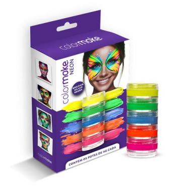 Imagem de Cartela Tinta Facial Neon Maquiagem Fluorescente 5 Cores Colormake