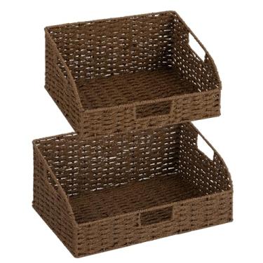 Imagem de StorageWorks Cestas de despensa para organização, cestas de armazenamento de corda de papel para prateleiras com alças embutidas, organizadores e armazenamento de despensa, marrom, conjunto de 2