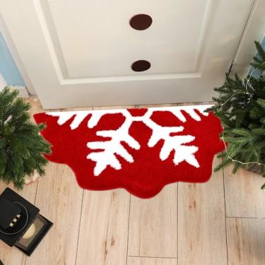 Imagem de Tinideya Tapete de banheiro vermelho com floco de neve, semicírculo, floco de neve, inverno, antiderrapante, tapete de boas-vindas para decoração de Natal e banheiro (elegante)