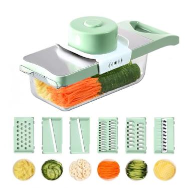 Imagem de Cortador de legumes, cortador de alimentos mandoline com recipiente portátil, 6 lâminas e caixa de lâminas, cortador de pepino, utensílios de cozinha magnéticos para vegetariano, batata, cebola