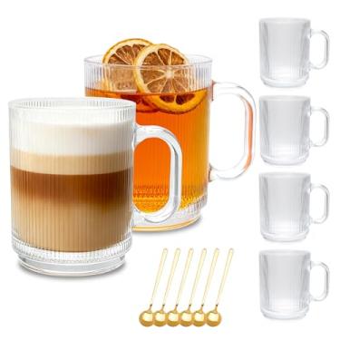 Imagem de Pacote com 6 xícaras de café de vidro com alça e colher, canecas de café de vidro de 355 ml, copos de vidro canelados, xícara de chá transparente para bebidas quentes/frias, conjunto de copos para
