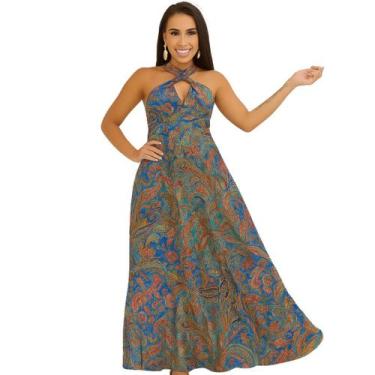 Imagem de Vestido Longo Indiano FMF Frente Única com Amarração Versátil, M, Azul