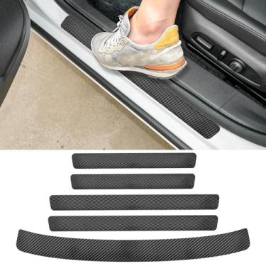 Imagem de LANZMYAN Compatível com Chevrolet 5 peças de protetor de soleira de porta de carro, adesivo de proteção de borda de entrada de porta de couro de fibra de carbono, protetor de para-choque traseiro