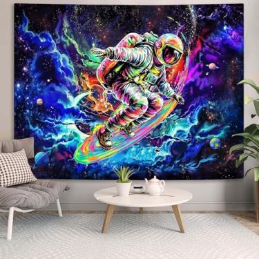 Imagem de kampdream Tapeçaria de astronauta surfista espacial, arte de planeta galáxia cósmica, pôster decorativo legal para quarto/dormitório masculino, 203 × 152 cm