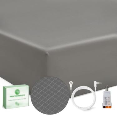 Imagem de Lençóis de chão King 20% fibra de prata 80% algodão orgânico com testador de saída e caneta de teste, kit de lençol de cama aterrado com ligação à terra (cinza, King)