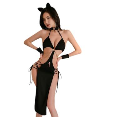 Imagem de SENJIY Roupa de gato sexy para mulheres, lingerie fofa, frente única, vestido de cosplay, fantasia, babydoll, anime egípcio, encenação, Halloween, saia longa, orelhas, pulseiras, conjunto de tanga