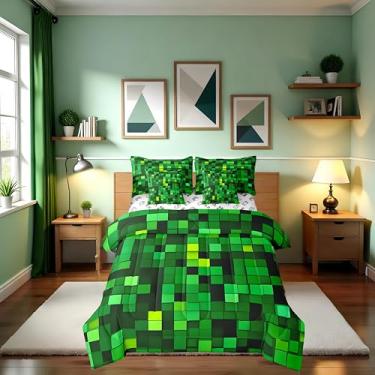 Imagem de Conjunto de edredom infantil Pixelated Blocks Miners, tamanho Queen, gamepad para videogames, 7 peças, decoração de patchwork de grade geométrica para meninas e meninos, verde (2 fronhas + 2 fronhas +