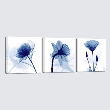 Imagem de Impressões em tela Arte de parede Wieco Art Blue Abstract Flowers x3