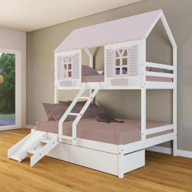 Imagem de Beliche Casal/ Solteiro Casinha Bela 02 Gavetas Kit Escada/escorregado