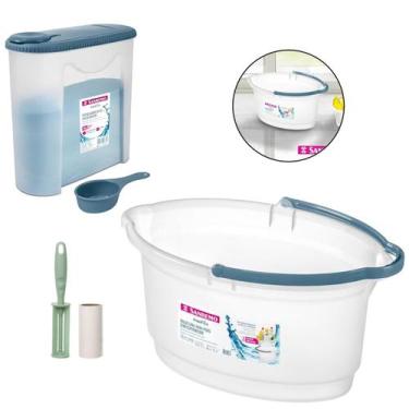 Imagem de Kit Balde Oval 14 Litros Rodo Vassoura Porta Sabão Em Pó Com Dosador R
