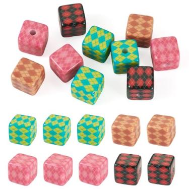 Imagem de 10 peças de cubo de contas de acrílico impressas com padrão de losango, 15 mm, cores mistas, grandes, quadradas, espaçadoras para artesanato faça você mesmo, pulseira da amizade, brinco, fabricação de