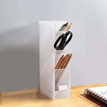 Imagem de Porta-lápis com inserção inclinada para vários compartimentos para armazenamento e organização de materiais de escritório de mesa - grande, transparente