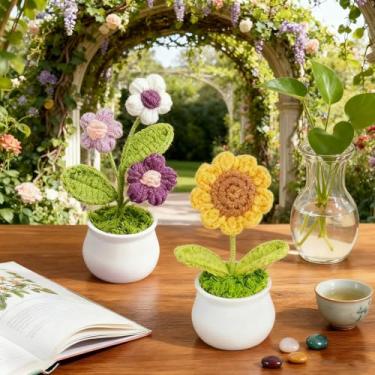 Imagem de 1 peça de flores de crochê, flores decorativas feitas à mão com base adesiva, decoração floral positiva para escritório, mesa e interior de carro