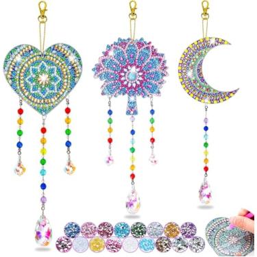 Imagem de 3 peças de kits de arte de diamante pintura suncatcher sino de vento dupla face cristal gema pintura por número ornamento pendurado para adultos DIY janela casa jardim (lua, coração, mandala)