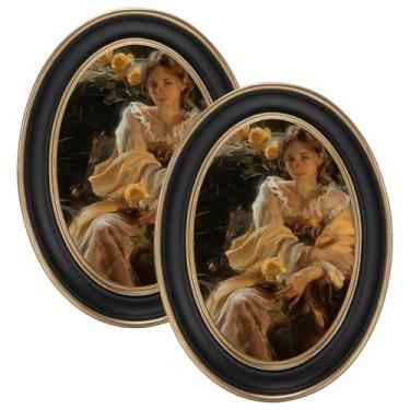 Imagem de eletecpro Conjunto de 2 porta-retratos vintage 10 x 15 com capa de vidro real, moldura oval ornamentada, exibição de 10 x 15 cm para pendurar na mesa ou na parede, decoração de casa preta para galeria