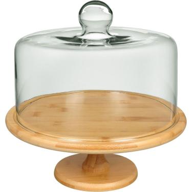 Imagem de Prato Bolo Boleira Redondo Com Pé Home&co Tampa Vidro Bambu 29x28x28cm