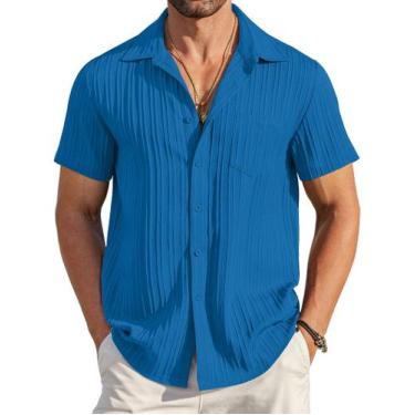 Imagem de Camisa masculina COOFANDY de linho de verão, manga curta, azul