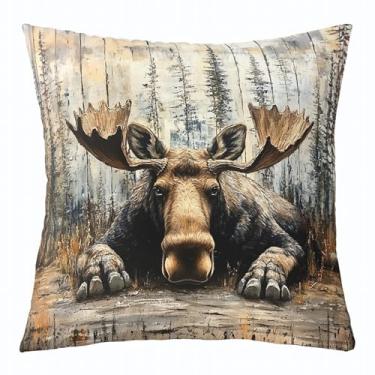Imagem de jejeloiu Capas de almofada de alce para caça de veado 40,6 cm x 40,6 cm chifres macios animais selvagens rústicos cabana fazenda capas de almofada decoração de quarto capas de almofada de grão de