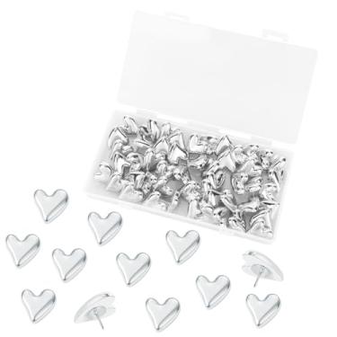 Imagem de 50un Alfinetes Pressão Formato Coração, Tachinhas Decorativas Fofas para Quadro Cortiça Quadro Avisos Parede Escritório Pôsteres Fotos Cartões Postais Mapas Fixação (Prata)