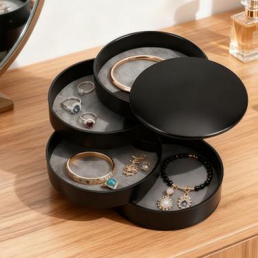 Imagem de Caixa de joias pequena, estojo organizador de joias giratório de 5 camadas para brincos, anéis, colares, pulseiras, presente para mulheres (preto)