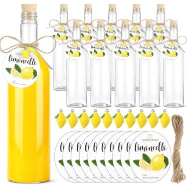 Imagem de Vesici Conjunto de 10 garrafas de plástico Limoncello de 740 ml com tampas de cortiça, mini resina de limão e etiqueta para Limoncello Cerveja caseira DIY Garrafas de pescoço longo para presentes de