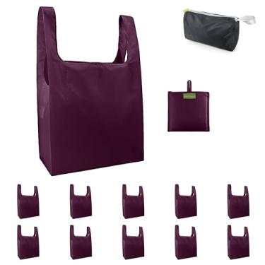 Imagem de BeeGreen Sacolas de compras reutilizáveis bordô com zíper bolsa de armazenamento com 10 pacotes de sacolas de compras reutilizáveis vermelho vinho a granel com faixa elástica dobrável - lavável na