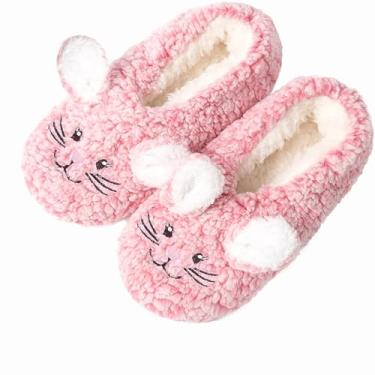 Imagem de HUGSWEET Pantufa para mulheres e homens, grossas, quentes, felpudas, com aderência, para uso interno, com forro de ovelha, sola macia antiderrapante com caixa de presente (coelho rosa, adulto