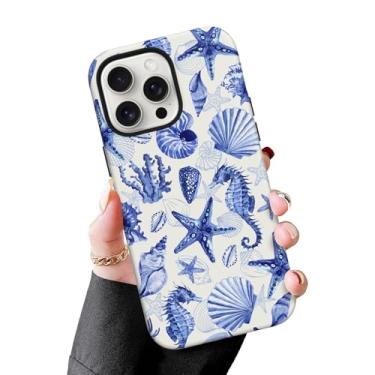 Imagem de MZELQ Capa magnética para iPhone 14 Pro de 6,1 polegadas, estampa de concha azul do oceano [compatível com carregamento Magsafe] 2 em 1 fosca à prova de choque capa de telefone rígida para mulheres e
