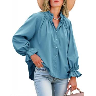 Imagem de Blusa feminina Tankaneo, puff, manga comprida, com botões, azul claro