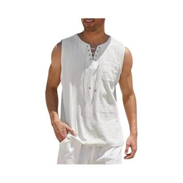 Imagem de Camiseta Regata Masculina Casual De Algodão E Linho, Estilo Retrô Com 