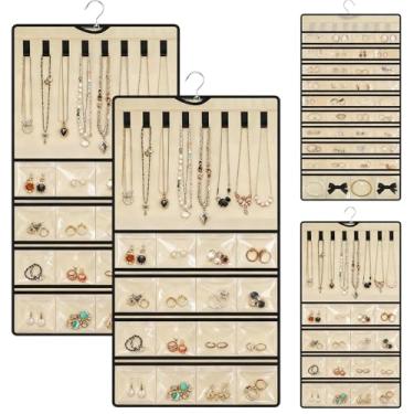 Imagem de SATINIOR 2 peças de rolo organizador de joias pendurado com ganchos de metal suporte de joias dupla face para brincos, colares, anéis no armário, parede, porta, grande, bege