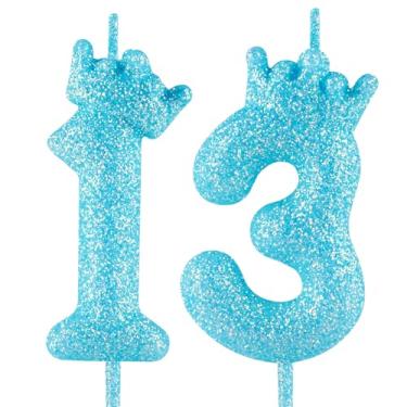 Imagem de Vela com coroa de aniversário de 13 anos que brilha no escuro número 13 velas brilhantes azuis para decoração de bolo para meninas, meninos, chá de bebê, aniversário, festa de aniversário